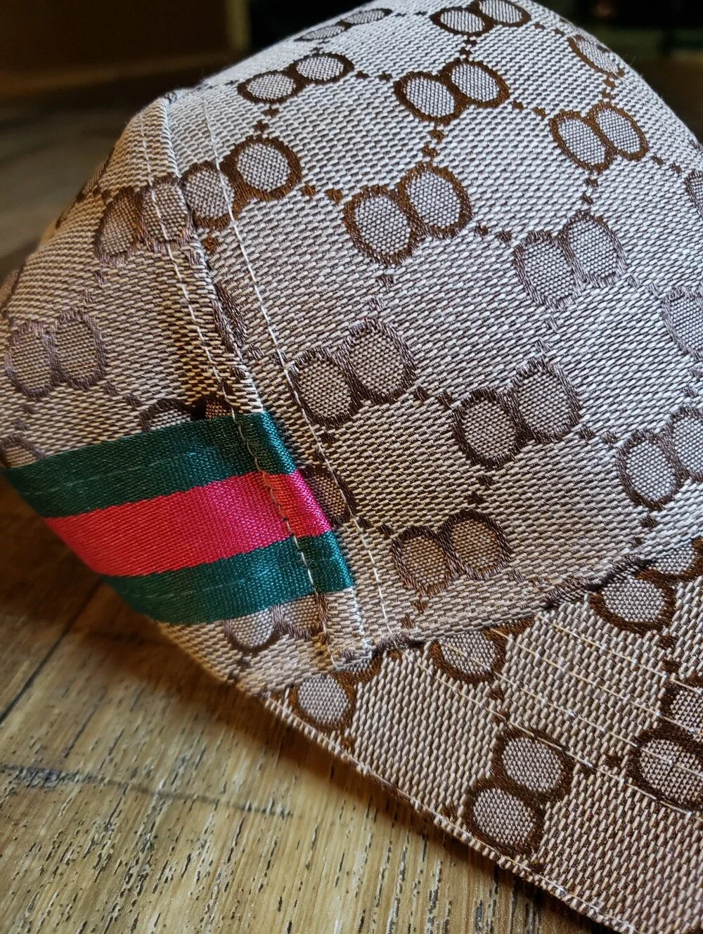 Luxury Beige Monogram Men's Baseball Cap- Green-Red Stripe with Ajustable Latch